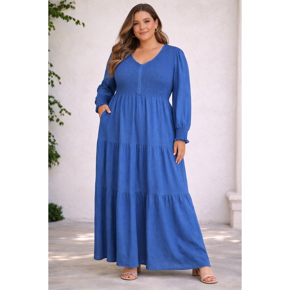 Kate Kasin Blue Smocked Tiered Maxi Dress Long Sleeve V-Neck Pockets Size L NWT‎